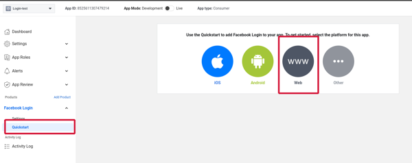 select platform for the app inegrate facebook login